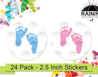 Pegatinas de huellas para fiesta de revelación de género (paquete de 24) con forma de pies de bebé, etiquetas redondas de 6,35 cm, recuerdos para baby shower, sellos del equipo rosa, azul, niño y niña.
