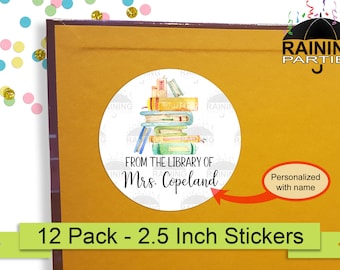 Stacked Books Pile Personalized Book Labels (12 Pack) 2.5" Circle Round Stickers Seals, From the Library of Name Bookplate, Reading Gifts