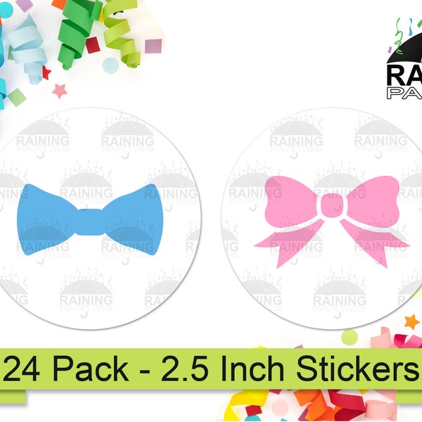 Bows or Bowties Gender Reveal Party Stickers (24 Pack) 2.5" Circle Round Labels, Baby Shower Party Favors Seals, Team Blue Boy Pink Girl Tie