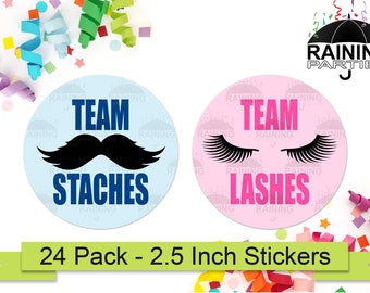Staches or Lashes Gender Reveal Party Stickers (24 Pack) 2.5" Circle Round Labels, Baby Shower Party Favors Seals, Team Blue Boy Pink Girl