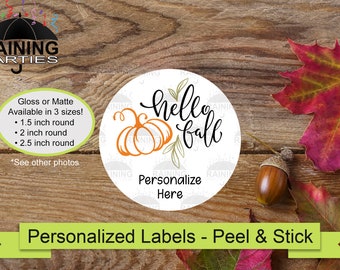 Personalized Hello Fall with Pumpkin Labels, Autumn Season, Happy Thanksgiving, Give Thanks, Envelope Seals, Fall Gift Tags, Custom Stickers