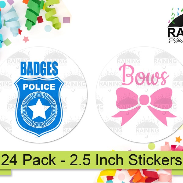 Police Badges or Bows Gender Reveal Party Stickers (24 Pack) 2.5" Circle Round Labels Baby Shower Party Favors Seals Team Blue Boy Pink Girl