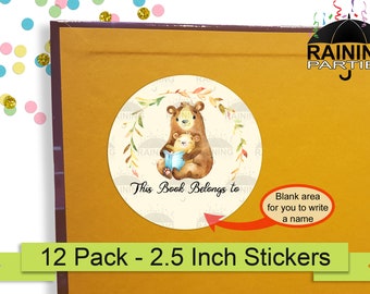 Bears Reading Book Labels Blank Name Space to Write on (12 Pack) 2.5" Circle Round Stickers Seals This book belongs to Bookplates Gifts Read