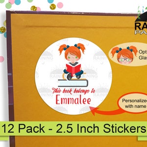 May include: A pack of 12 personalized bookplate stickers featuring a cartoon girl reading a book. The stickers are 2.5 inches in diameter and have a white background with red, black, and green accents. The text "This book belongs to" and a personalized name are included on the sticker. Optional glasses can be added to the girl's face.