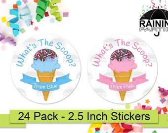 What's the Scoop Ice Cream Gender Reveal Party Stickers (24 Pack) 2.5" Circle Round Labels Baby Shower Party Favors Seals, Team Boy Girl
