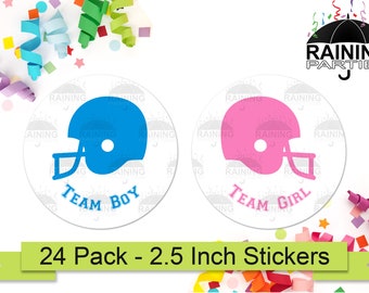 Football Helmets Team Girl Boy Gender Reveal Party Stickers (24 Pack) 2.5" Circle Round Labels, Baby Shower Party Favors Seals Sports Team
