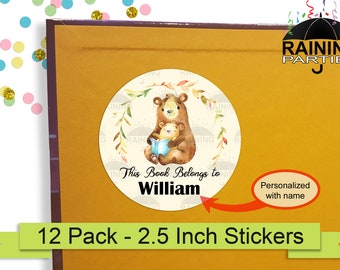 Bears Reading Personalized Book Labels (12 Pack) 2.5" Circle Round Labels Stickers Seals, This book belongs to Name Bookplates Lover Gifts