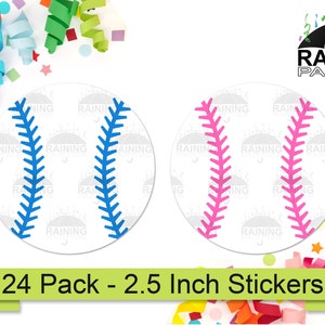 Baseball Blue Pink Balls Gender Reveal Party Stickers 24 Pack 2.5 Circle Round Labels Baby Shower Party Favors Team Boy Team Girl Sports image 1