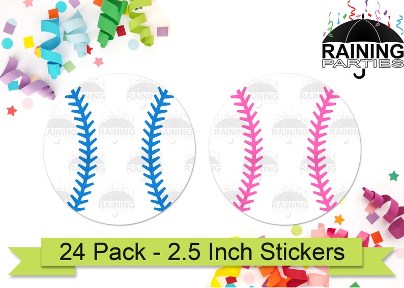 Baseball Blue Pink Balls Gender Reveal Party Stickers 24 Pack 2.5 Circle Round Labels Baby Shower Party Favors Team Boy Team Girl Sports image 1