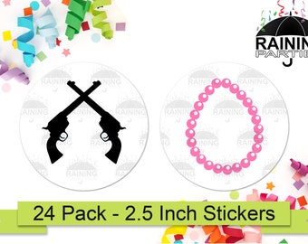 Pistols or Pearls Gender Reveal Party Stickers (24 Pack) 2.5" Circle Round Labels Baby Shower Party Favors Seals Team Boy or Girl Pink Black