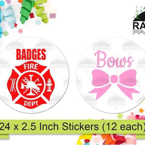 Firefighter Badges or Pink Bows Gender Reveal Party Stickers (24 Pack) 2.5" Circle Round Labels Baby Shower Party Favors Seals Team Boy Girl