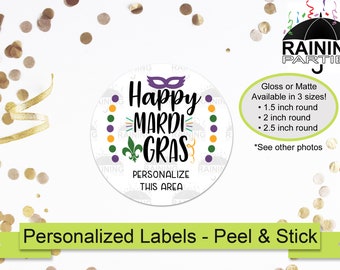 Personalized Happy Mardi Gras Labels, Mardi Stickers Party Envelope Seals Fat Tuesday Favor Treat Bags Nola New Orleans Louisiana State Tags