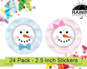 Pegatinas de fiesta de revelación de género de muñeco de nieve de invierno (paquete de 24), etiquetas redondas de 2,5", sellos para recuerdos de baby shower, azul, niño, rosa, niña y nieve.