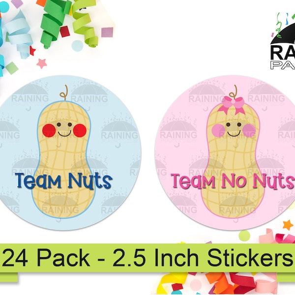 Peanut Team Nuts or No Nuts Gender Reveal Party Stickers (24 Pack) 2.5" Circle Round Labels Baby Shower Party Favors Seal Pink Blue Boy Girl