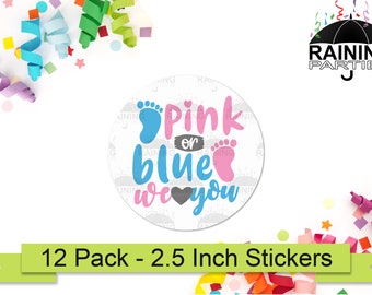 Pink or Blue We Love You Gender Reveal Party Stickers (12 Pack) 2.5" Circle Round Labels, Baby Shower Favors Seals, Footprint Feet Prints