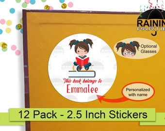 Girl Reader Dark Brown Hair Personalized Book Labels (12 Pack) 2.5" Circle Round Stickers Seals This Book Belongs To Name Bookplate Glasses