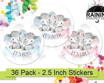 Elephant Twins Gender Reveal Party Stickers (36 Pack) 2.5" Circle Round Labels, Baby Shower Party Favors Seals, Boy Girl Both Little Peanut