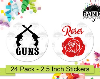 Pegatinas para fiesta de revelación de género con pistolas negras o rosas rojas (paquete de 24), etiquetas redondas de 6,35 cm, sellos para recuerdo de baby shower, equipo niño, equipo niña