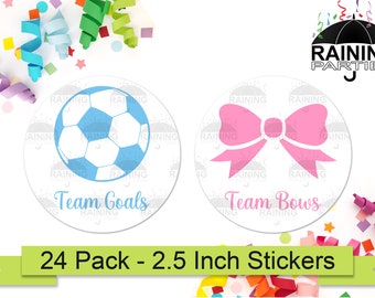Goals or Bows Gender Reveal Party Stickers (24 Pack) Pink Blue 2.5" Circle Round Labels, Baby Shower Party Favors Seals Team Boy Girl Soccer