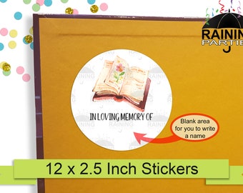 In Loving Memory of Open Book Labels (12 Pack) 2.5" Circle Round Stickers Seals, Donation Memorial Bookplate Reading Gifts Books Donations