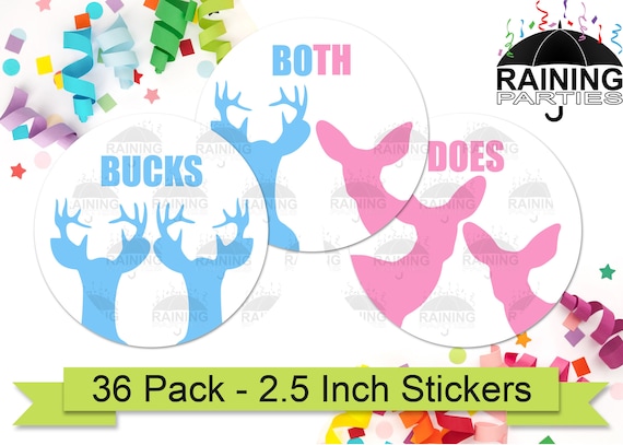 Bucks Does Both Twins Gender Reveal Party Stickers (36 Pack) 2.5" Circle Round Labels Baby Shower Party Favor Boys Girls Twin Reveal Hunting