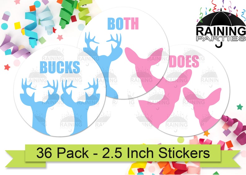 Puede incluir: Un conjunto de 36 pegatinas para fiestas de revelaci&oacute;n de g&eacute;nero con una silueta de ciervo azul y rosa con el texto "Bucks", "Does" y "Both". Las pegatinas tienen un di&aacute;metro de 6,35 cm.