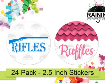 Ruffles or Rifles Gender Reveal Party Stickers (24 Pack) 2.5" Circle Round Labels, Baby Shower Party Favors Seals, Team Blue Boy Pink Girl