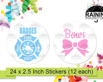 Pegatinas de bombero con insignias azules o lazos rosas para revelar el género (paquete de 24), etiquetas redondas de 6,35 cm, recuerdos para baby shower, sellos, equipo de niño y niña.