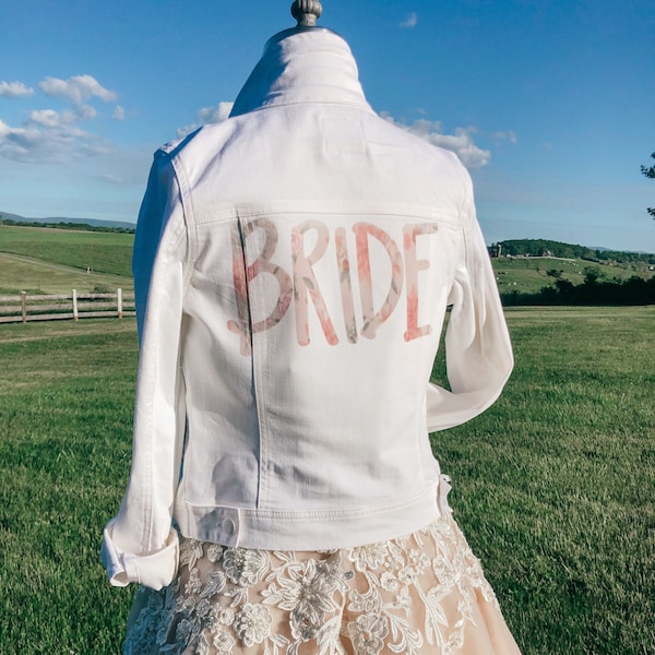 White Denim Bride Jacket/ Bride Wifey Jean Jacket/ Floral Wedding Jacket/ Boho Wedding/ Country Rustic Wedding/ Bachelorette/ Send Off