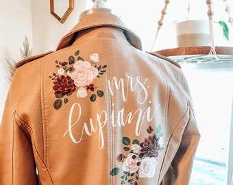 CAMEL Hand Painted Custom Faux Leather Jacket/ Bridal/ Wifey/ Mrs Jacket/ Personalized/ Mother of the Bride/ Bridesmaid Gift/ Bachelorette
