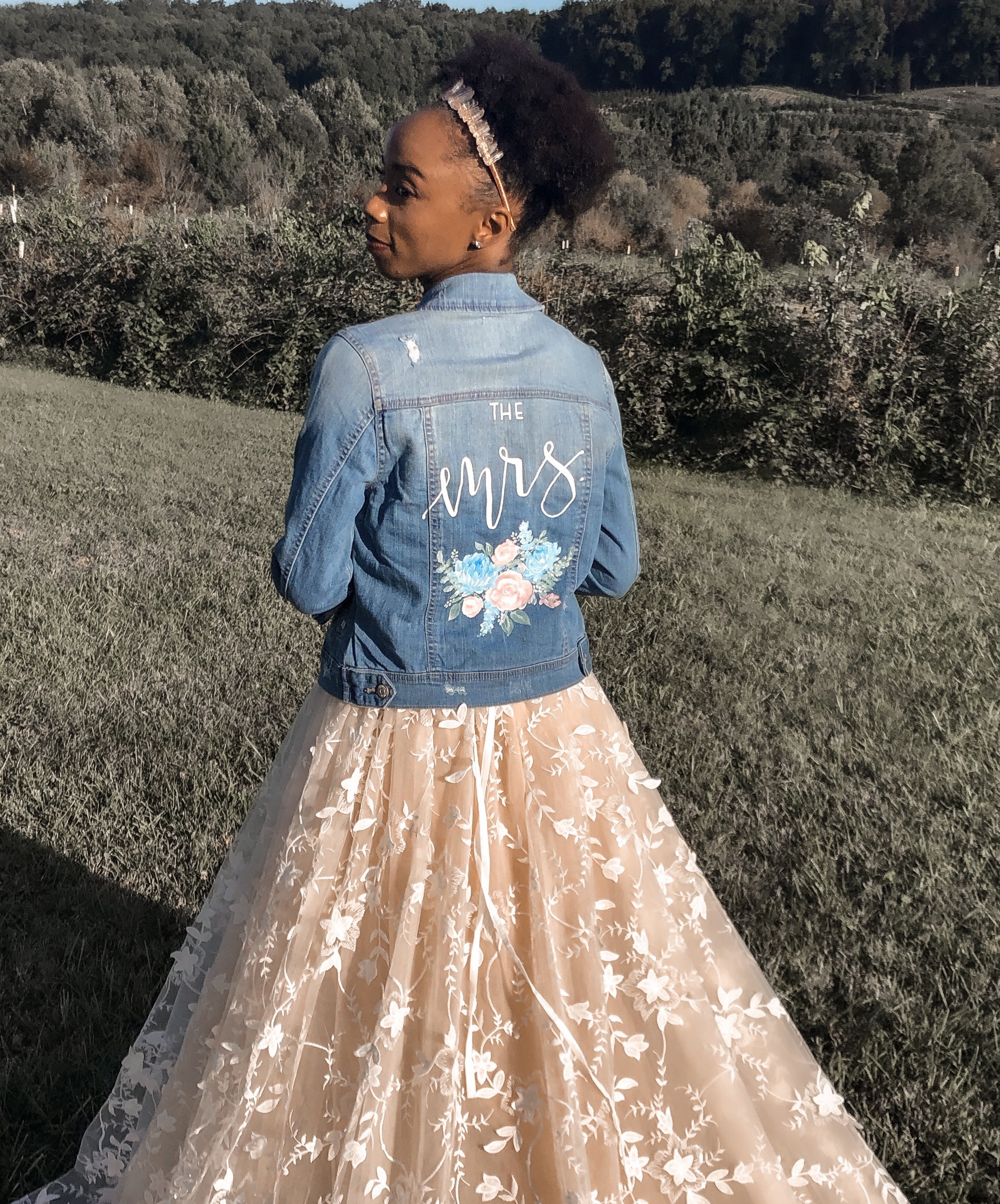 Tulle and denim jacket with floral embroidery