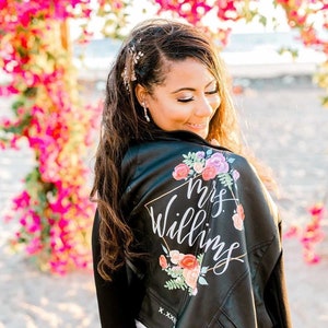 BLACK Hand Painted Custom Faux Leather Jacket/ Bridal/ Wifey/ Mrs Jacket/ Personalized/ Mother of the Bride/ Bridesmaid Gift/ Bachelorette