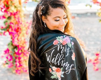 BLACK Hand Painted Custom Faux Leather Jacket/ Bridal/ Wifey/ Mrs Jacket/ Personalized/ Mother of the Bride/ Bridesmaid Gift/ Bachelorette