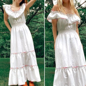 1970s white rainbow ruffle maxi women size medium hippie boho white linen mistra prairie wildflower field maxi three tier dress
