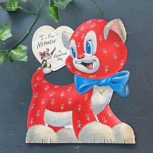 vintage 1940s gato gatito ratón tarjeta de san valentín regalo efímero saludo sobrino rojo amor floral flor presente retro antiguo abuelo papel