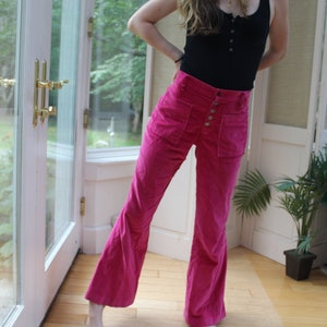 Vintage 1970&#39;s Pink Velvet Pants, Vintage Button Up High Waisted Pocket Pink Pants, Women&#39;s Size 8 Pink Velvet Bell Bottoms, 70&#39;s Pink Pants