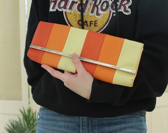 Vintage 1970&#39;s Orange Clutch, Vintage Metal Striped Bag, Pleather Red Clutch, Vintage Women&#39;s Medium Clutch, Vintage Bomta Evening Clutch