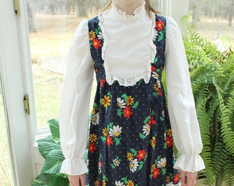 Vintage 1970&#39;s Little Girls Kidax Prairie Dress, Vintage 70&#39;s Children&#39;s Girl&#39;s Size 32, 70&#39;s Red Floral Long Sleeve Ruffled Child Dress