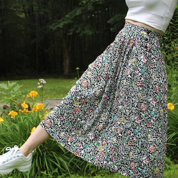Vintage 1980's Midi Skirt, Women's Petite Small, Floral Skirt, Pleated Skirt