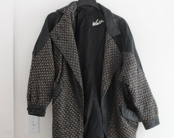 Vintage 80&#39;s Black Leather Jacket, Vintage Grey Wool Jacket, Women&#39;s Size Small Jacket, Vintage Winlit Jacket, Vintage Long Coat