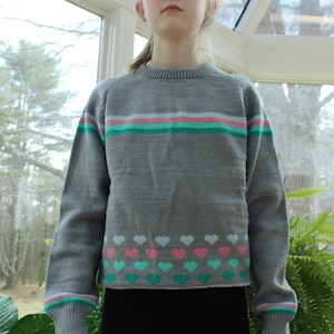 Vintage Little Girls Size 14 Sweater, Vintage 1980&#39;s Striped Heart Grey Sweater, Vintage Pink Blue Long Sleeve Child Sweater, Knit Sweater