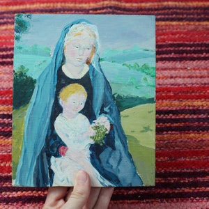 vintage 1970s original painting wooden plaque mother son religious outdoor 70s hand painted wall hanging decor decoration frame picture