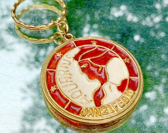 Vintage 1970&#39;s Aquarius Red Brass Keychain, Astrological Hippie Boho Bohemian Astrology Chain, Backpack 70&#39;s Glass Stained Red Keychain