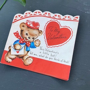 vintage 1940 antieke teddybeer valentijnsdag kaart papier rood hart hoed strik iemand speciale liefde pop up bewegen grote retro kind man vrouw vrouw