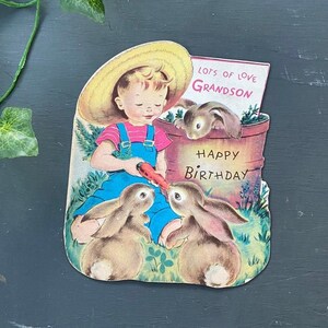 vintage années 1960 ancien petit-fils joyeux anniversaire papier utilisé rétro ferme agriculteur lapin grand-mère grand-père voeux éphémères carte de fête