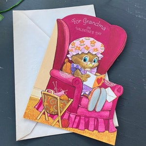 vintage 1960er Oma Valentinstag Karte Papier Liebe Ephemera Stuhl stricken Frohes Geschenk Urlaub Gruß Wunsch Punze retro nicht gebraucht neu