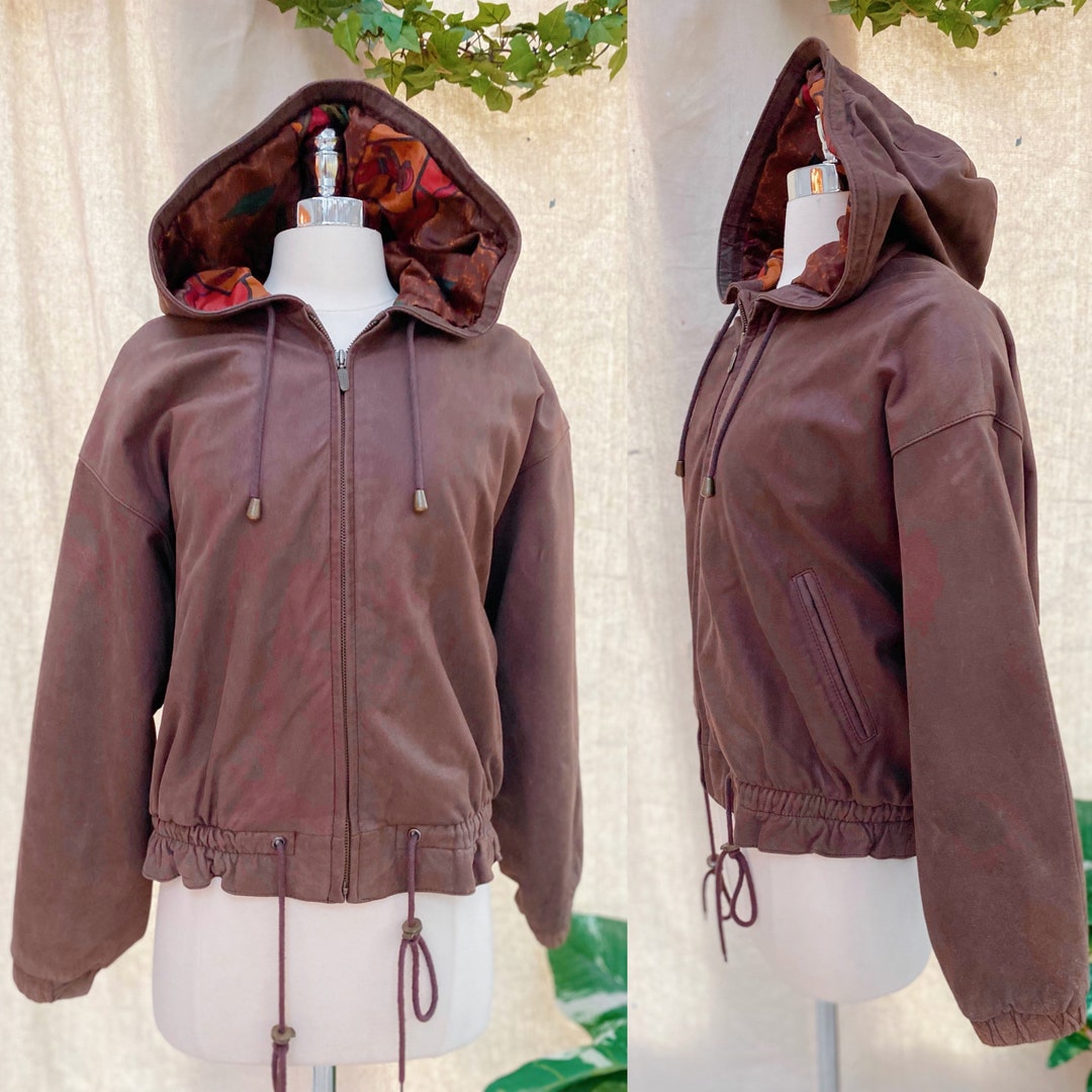 Vintage 1980s Leather Jacket Bomber Coat Hood Long Sleeve Women Men ...