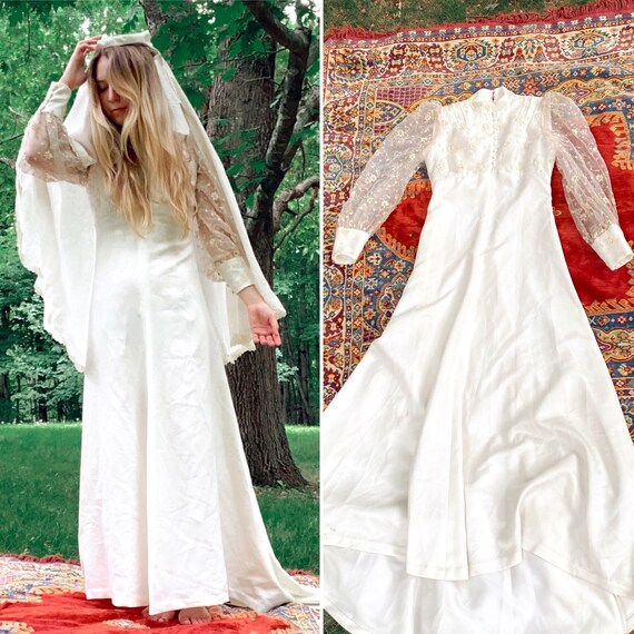 1970s Wedding Lace White Cream Floral Embroidered Gown Vintage 70s Boho Long Sleeve Button up Dress Veil Flower Hippie Bohemian Wedding Etsy