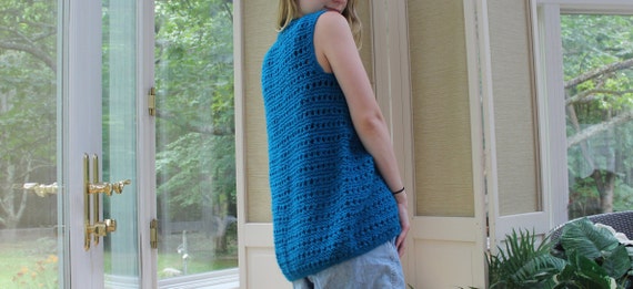 Vintage 1970's Blue Crocheted Vest, 70's Summer D… - image 4