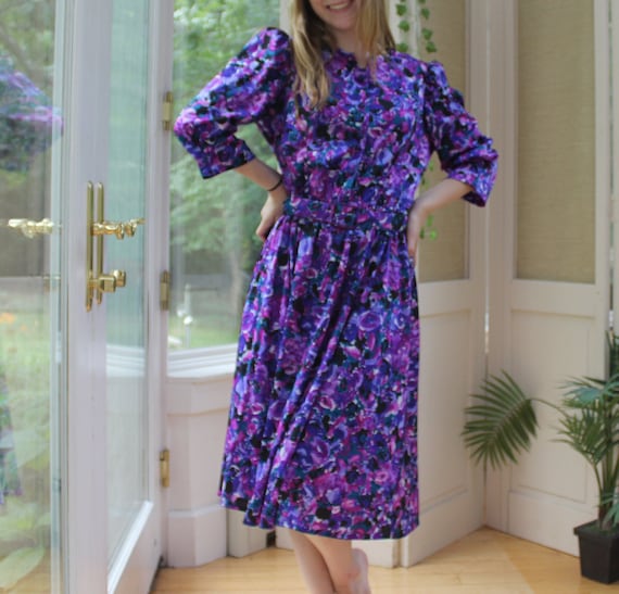 Vintage 1980's Purple Floral Dress, 80's Women's … - image 2